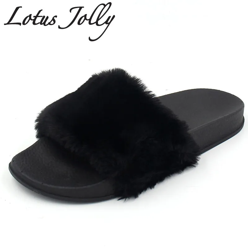 2017 Women Fur Slides Flip Flops Sandals Plush Warm Spring Summer Home Slippers Casual Shoes Silk bow Slides Woman Flats