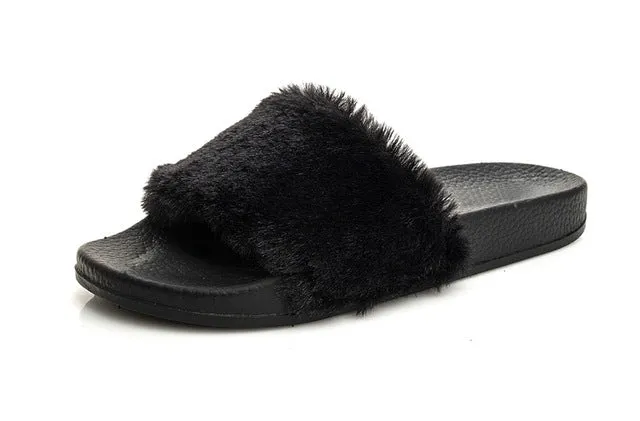 2017 Women Fur Slides Flip Flops Sandals Plush Warm Spring Summer Home Slippers Casual Shoes Silk bow Slides Woman Flats