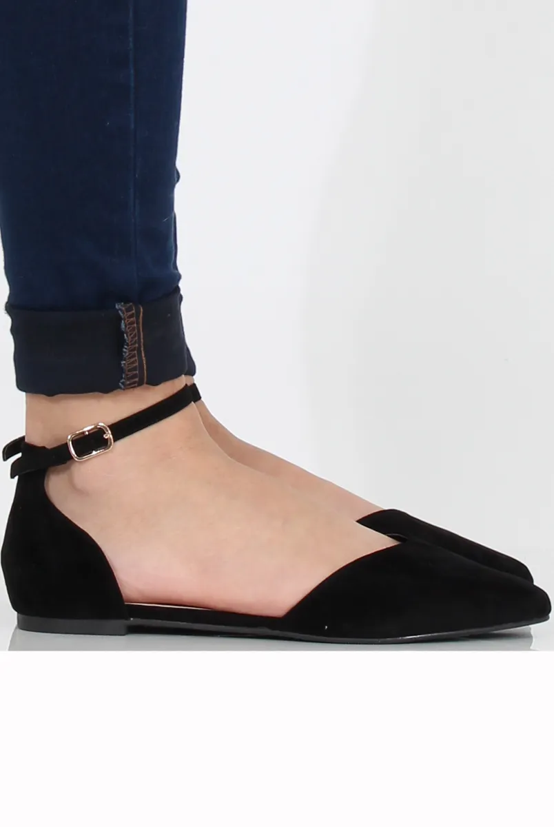 Black Suede Pointed Flat Shoes - Kelsa