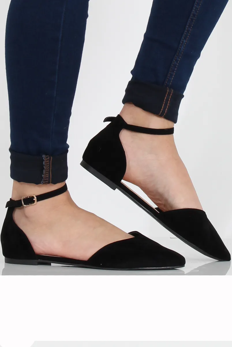 Black Suede Pointed Flat Shoes - Kelsa