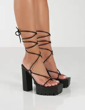 Certified Black Chunky Platform Lace Up Heels