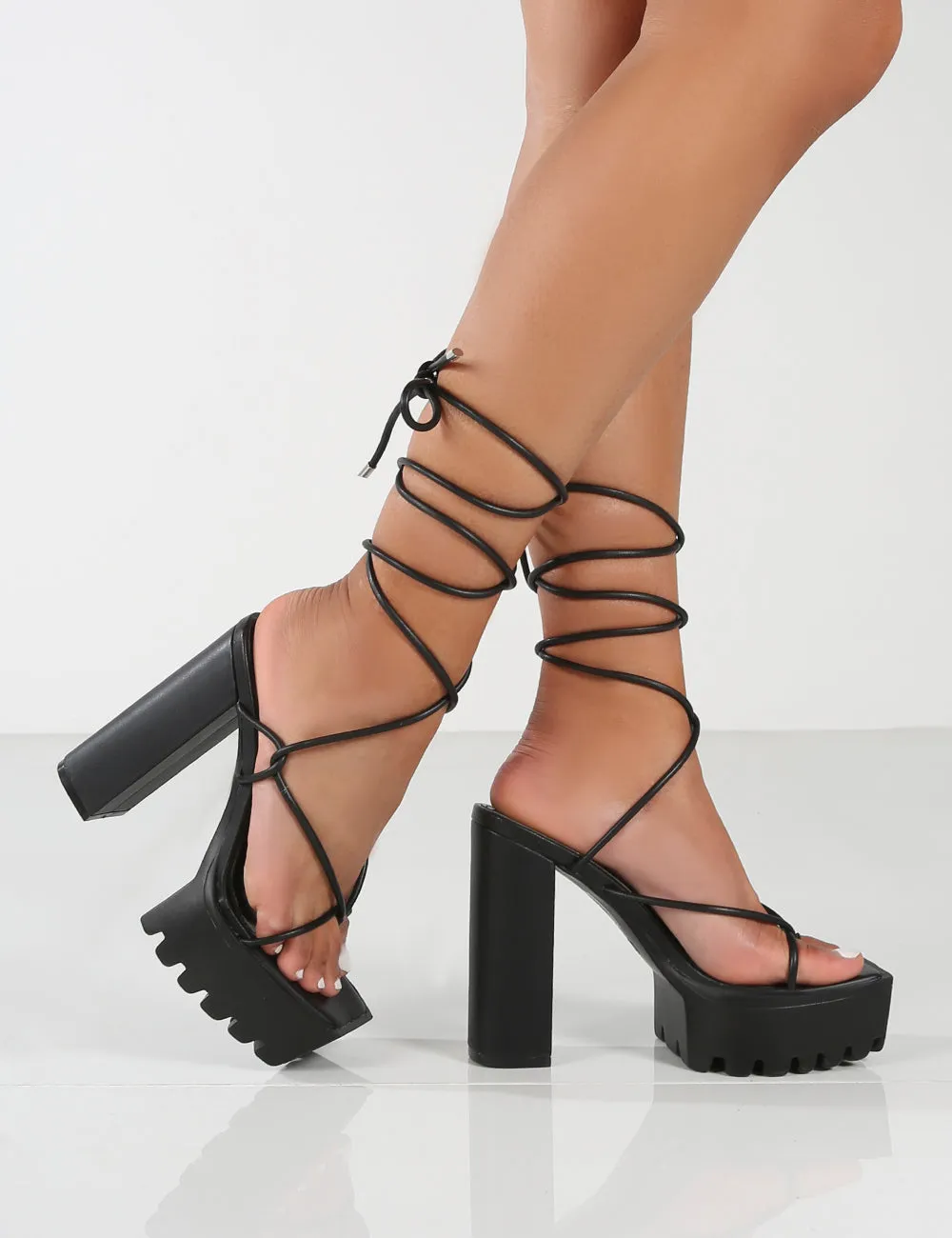 Certified Black Chunky Platform Lace Up Heels