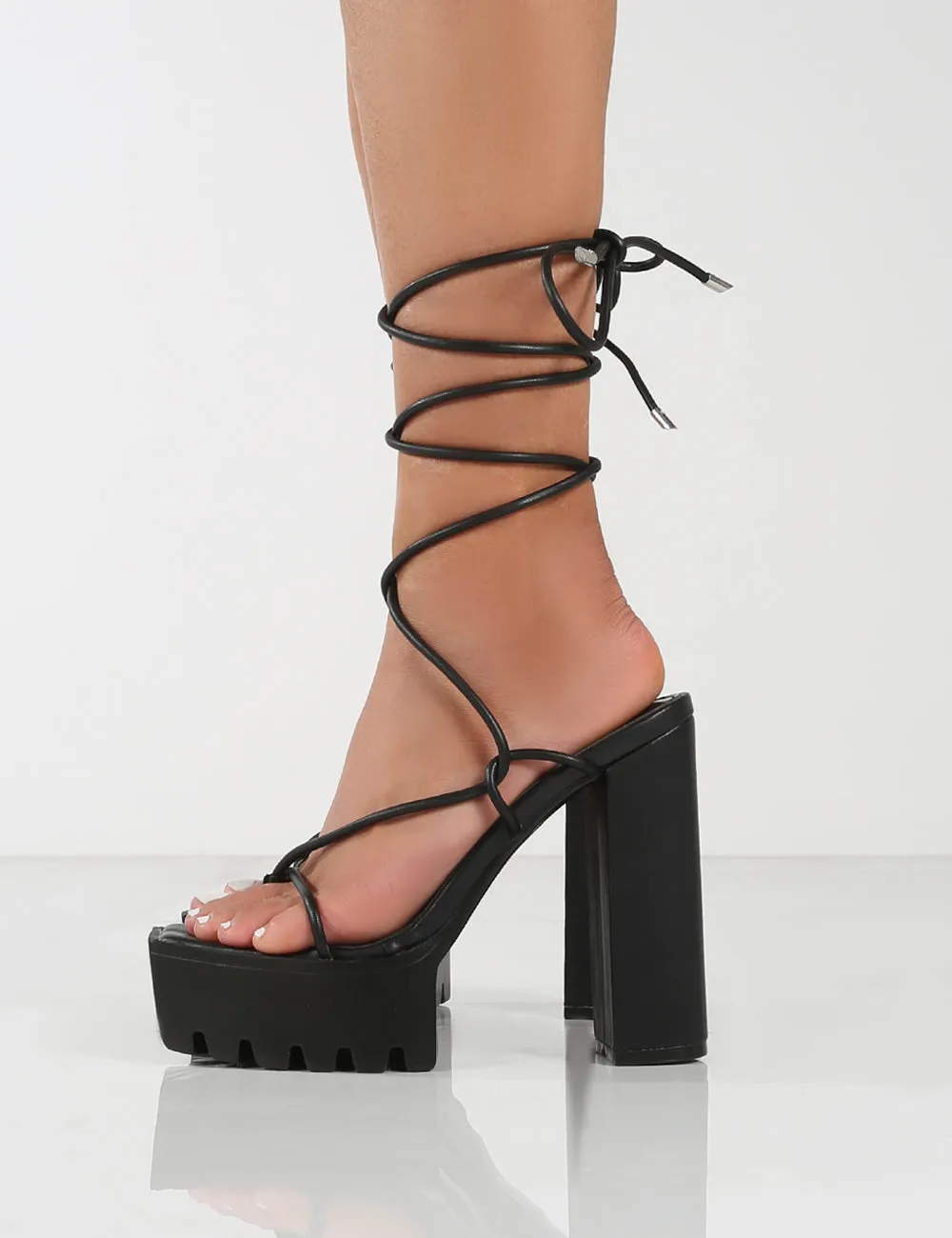 Certified Black Chunky Platform Lace Up Heels