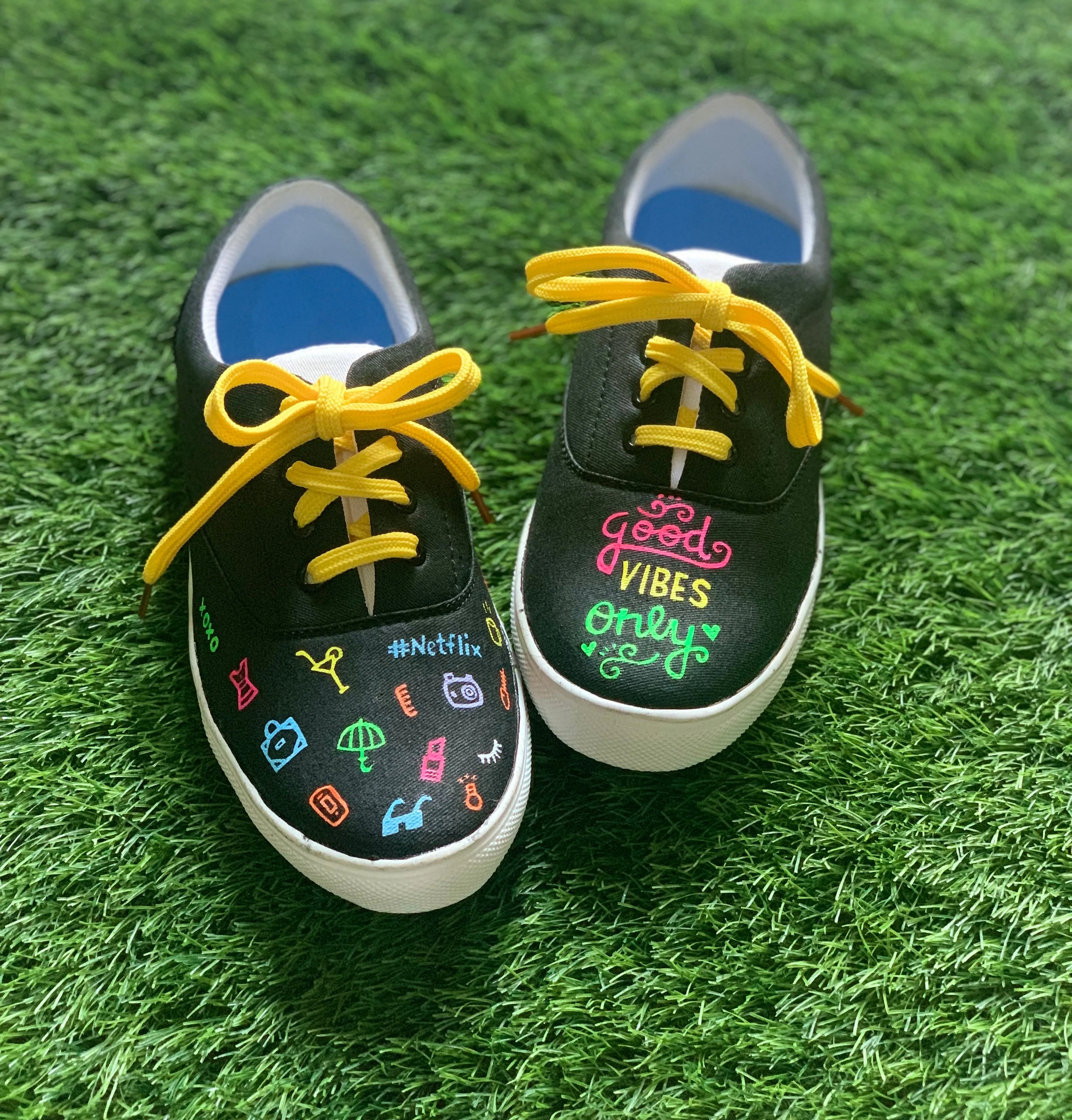 Funky N Trendy hand painted water resistant Good vibes only theme black casual shoes