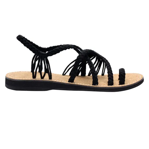 Markerandhands Handwoven Rope Flat Sandals For Women Tour Black Cork