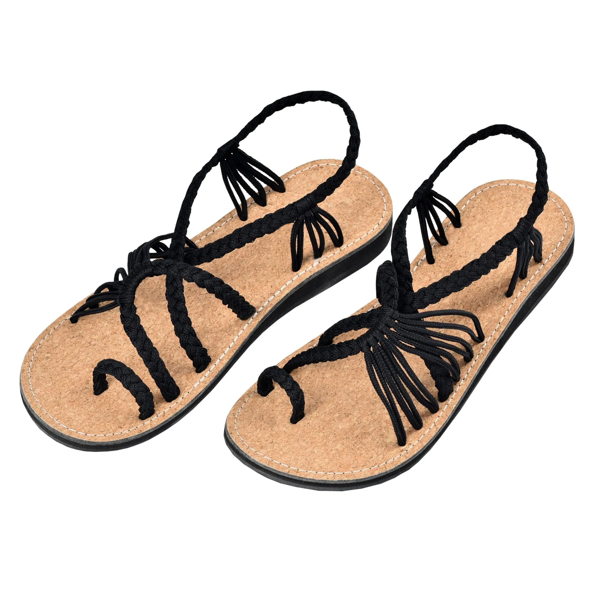 Markerandhands Handwoven Rope Flat Sandals For Women Tour Black Cork