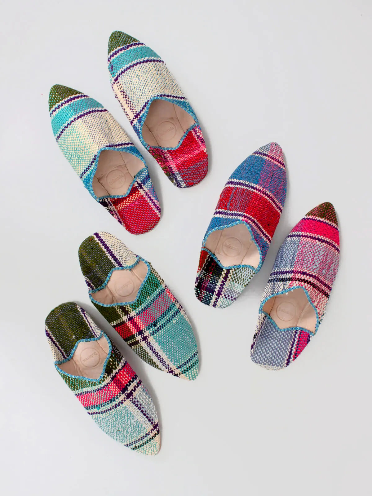 Moroccan Boujad Pointed Babouche Slippers, Blue Green Stripe