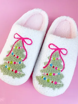 Rock Paper Scissors - Pink Bow Christmas Tree Slippers: Medium