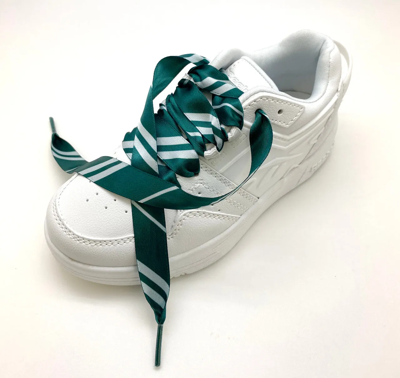 Satin Shoelaces green and silver stripe ideal for hip hop, dance team, sneaker junkie, cheerleading, wedding,  in 36" and 44" lengths