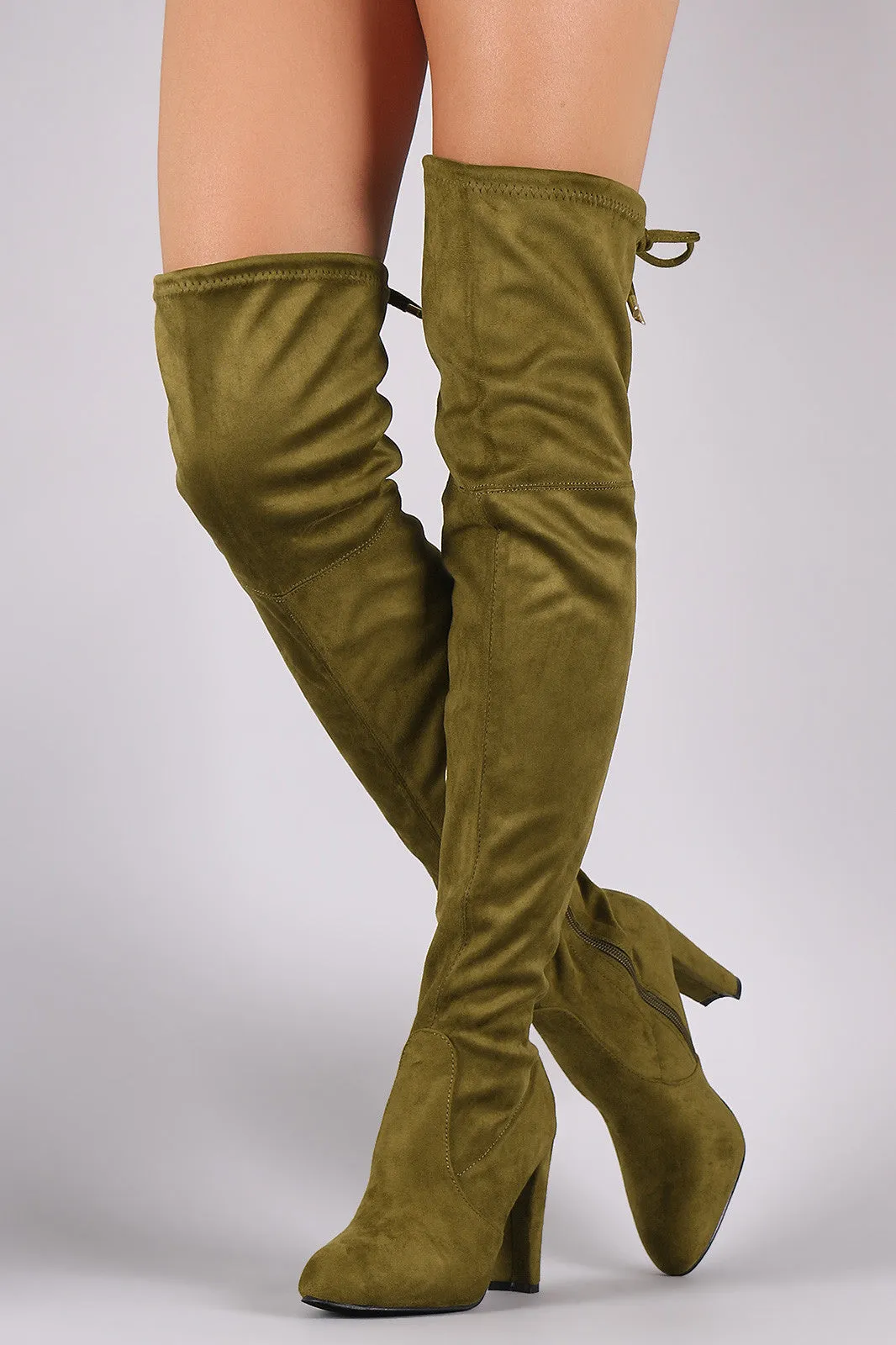 Suede Drawstring Tie Almond Toe Thick Heeled Boots