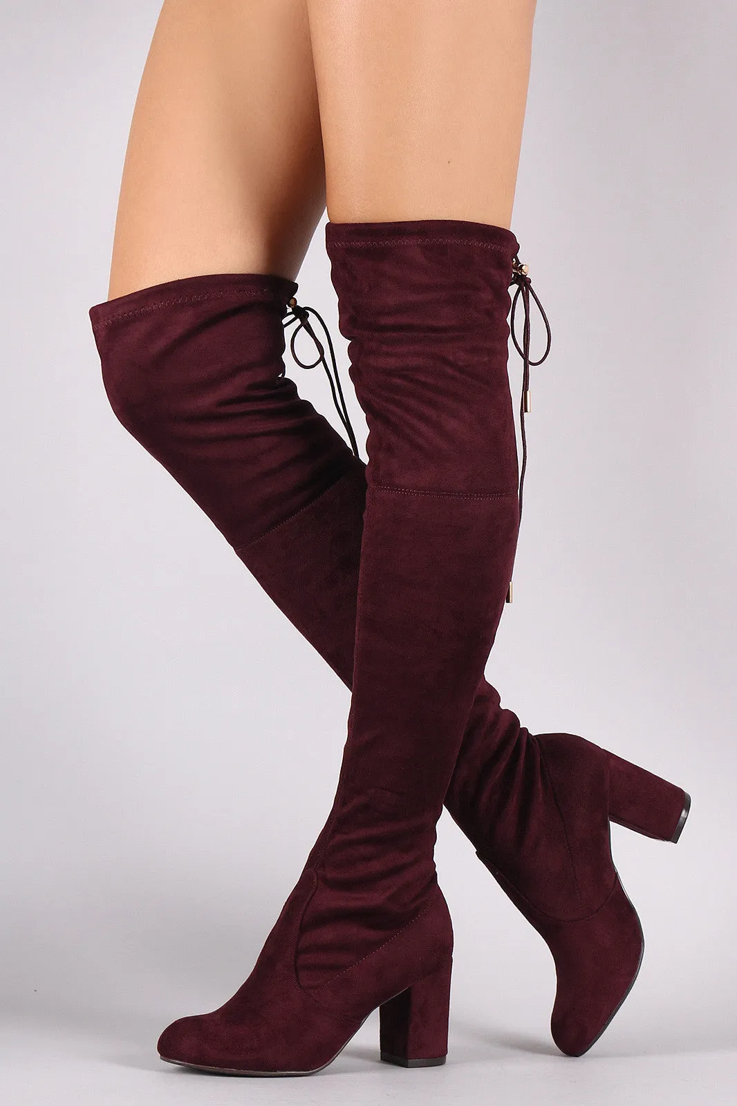 Suede Drawstring Tie Chunky Heeled Over-The-Knee Boots