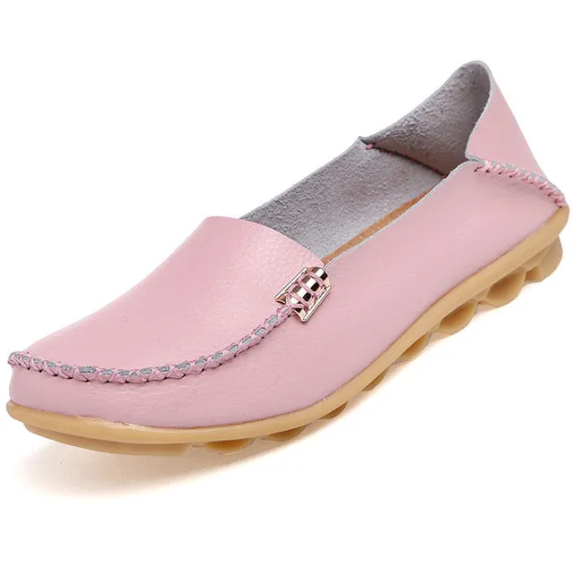 Summer Candy Colors Genuine Leather Women Casual Shoes 2017 Fashion Breathable Slip-on Peas Massage Flat Shoes Plus Size 35-44