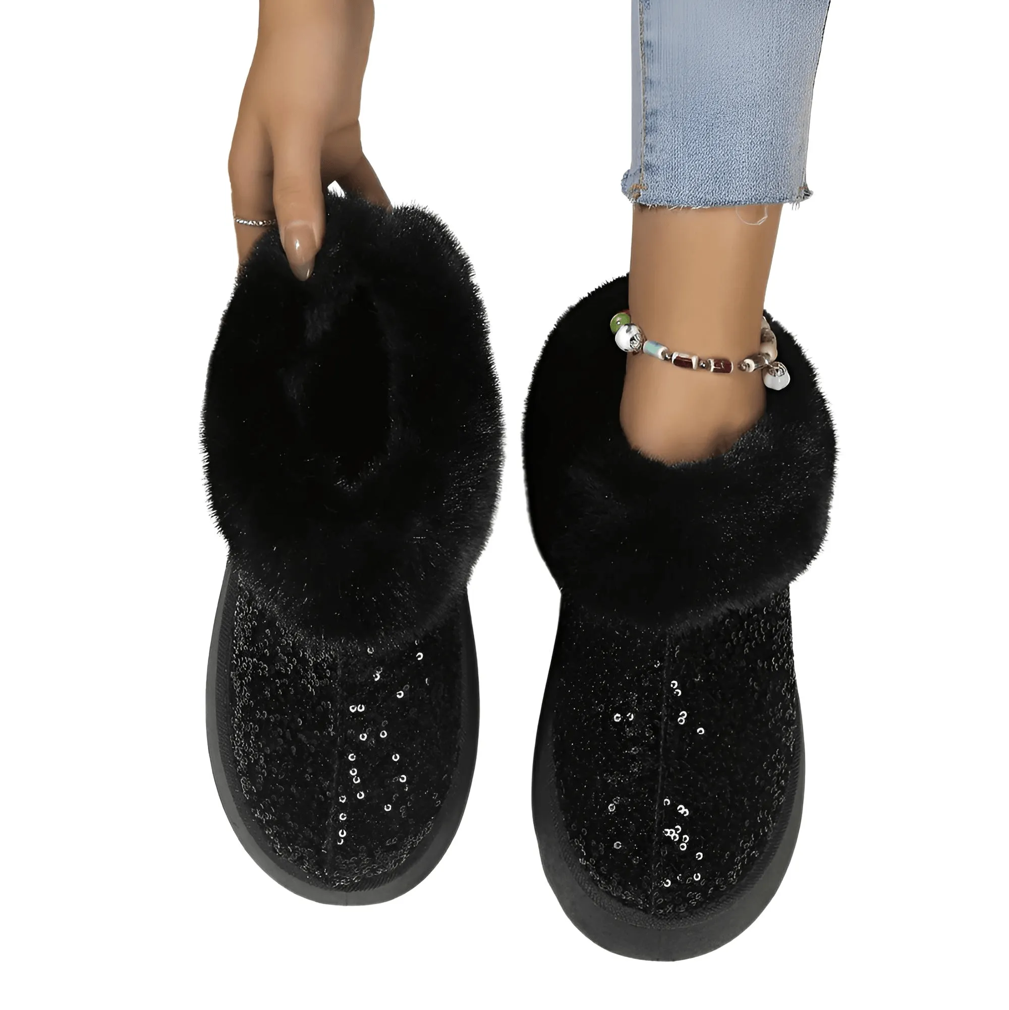 Women's Ankle Snow Boot Slippers Winter New Fashion Shiny Fur Short Plush Warm Flats Slippers Platform Shoes