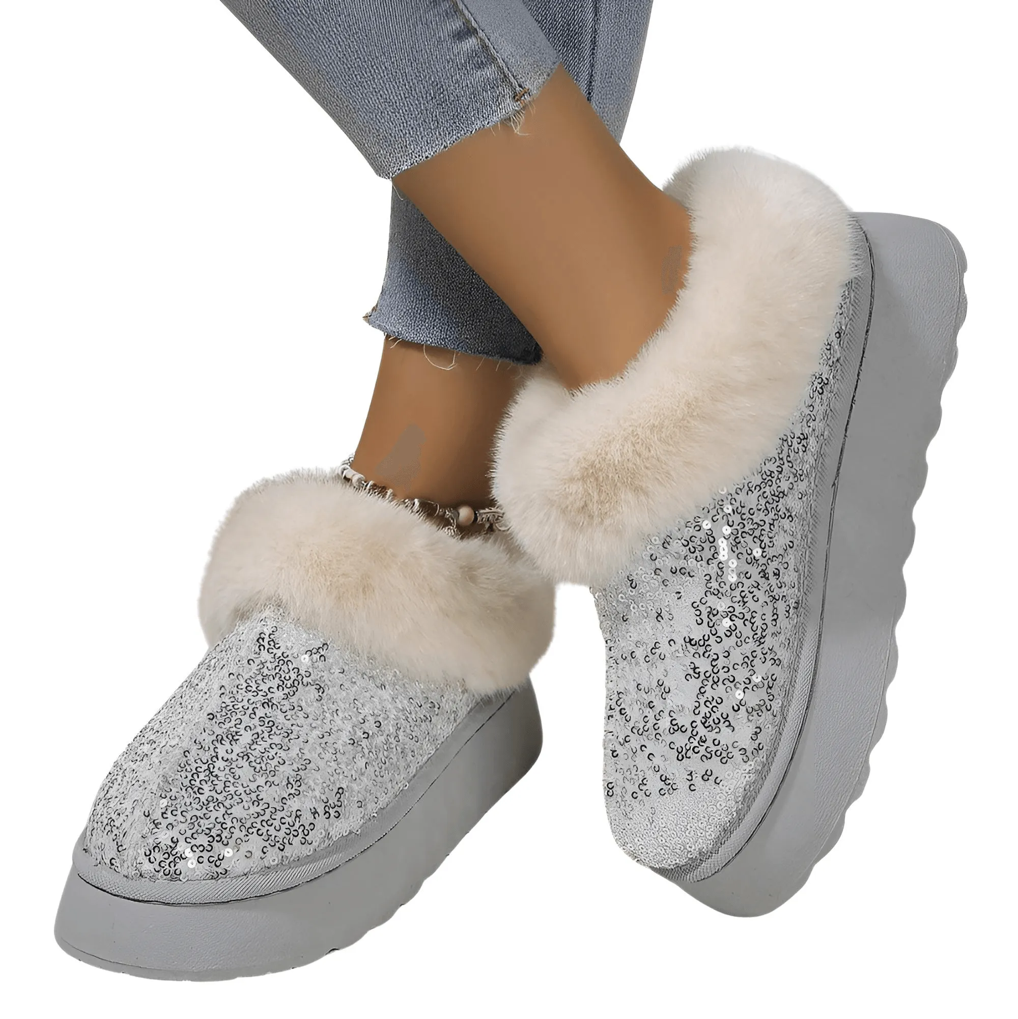 Women's Ankle Snow Boot Slippers Winter New Fashion Shiny Fur Short Plush Warm Flats Slippers Platform Shoes