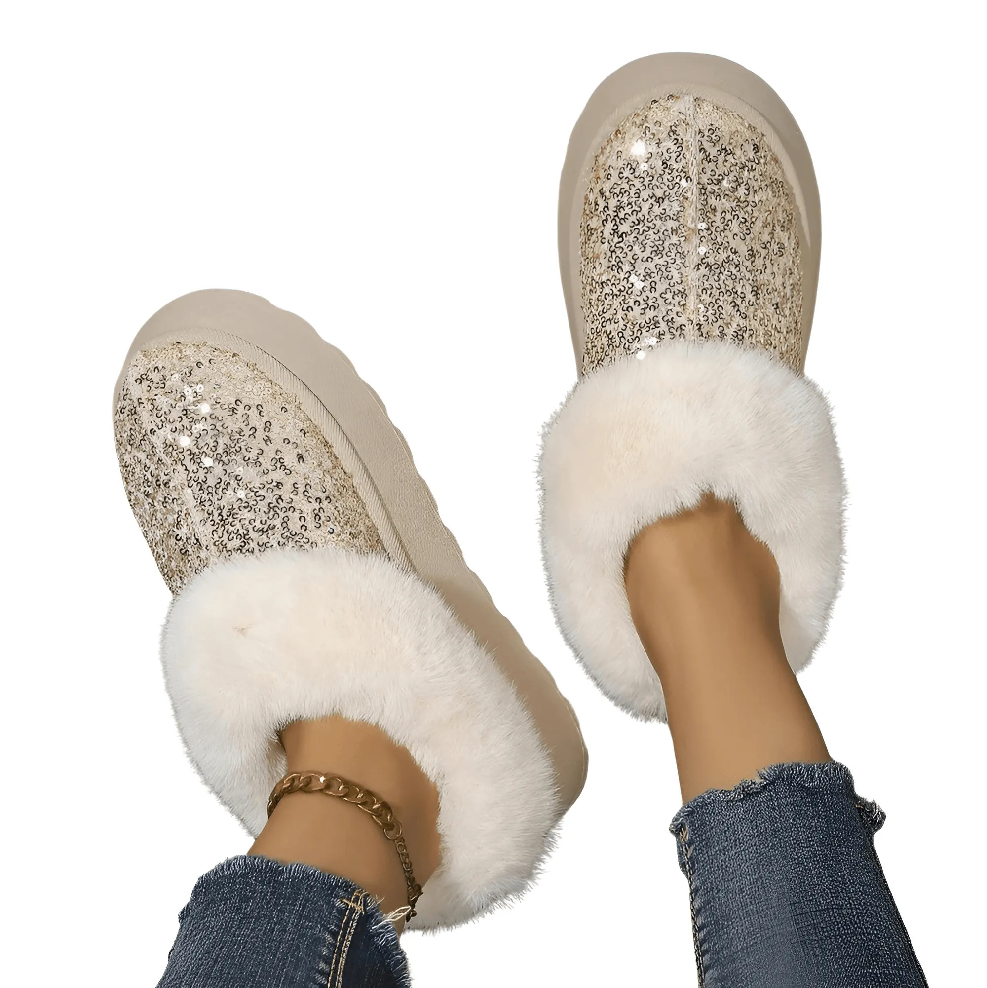 Women's Ankle Snow Boot Slippers Winter New Fashion Shiny Fur Short Plush Warm Flats Slippers Platform Shoes