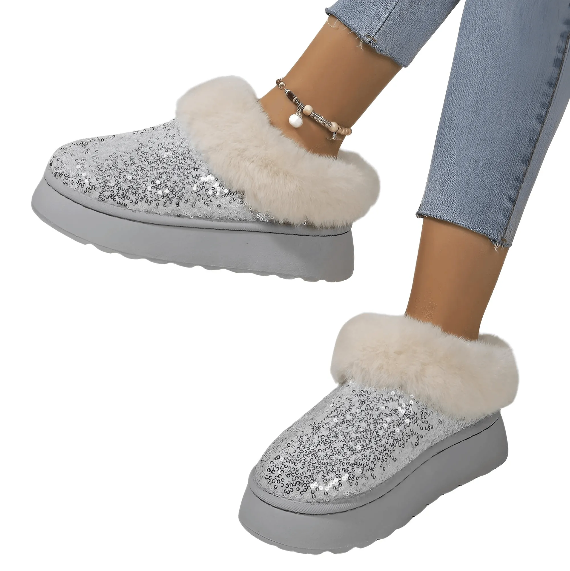 Women's Ankle Snow Boot Slippers Winter New Fashion Shiny Fur Short Plush Warm Flats Slippers Platform Shoes