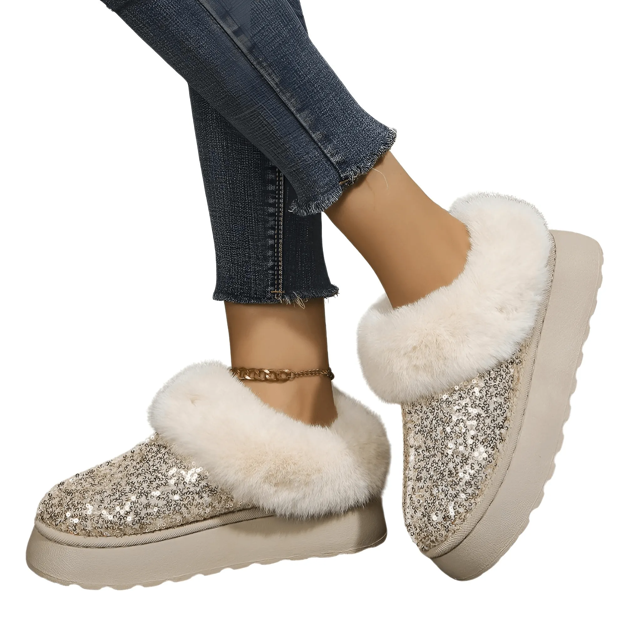 Women's Ankle Snow Boot Slippers Winter New Fashion Shiny Fur Short Plush Warm Flats Slippers Platform Shoes