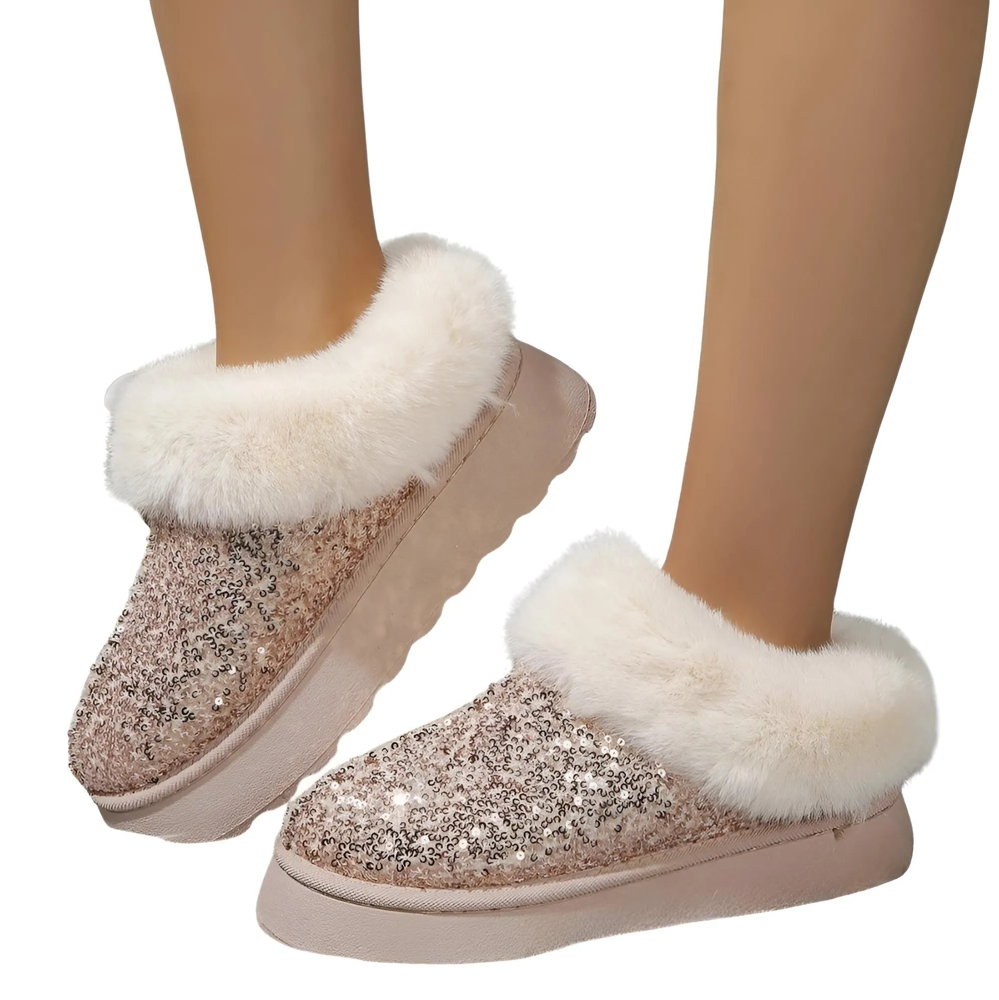 Women's Ankle Snow Boot Slippers Winter New Fashion Shiny Fur Short Plush Warm Flats Slippers Platform Shoes