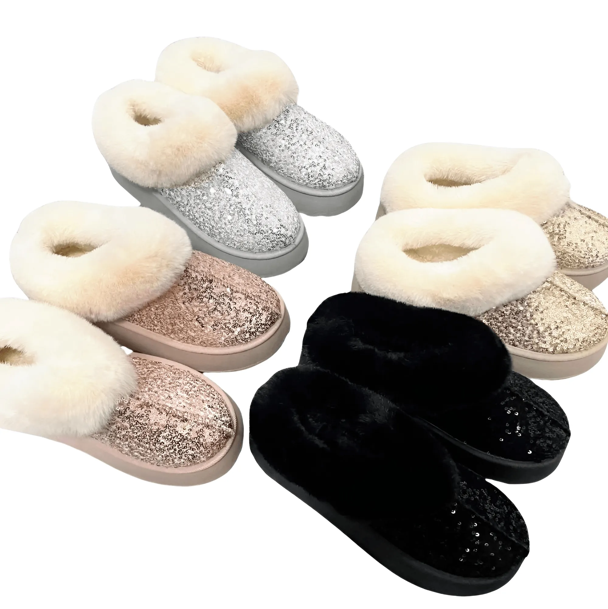 Women's Ankle Snow Boot Slippers Winter New Fashion Shiny Fur Short Plush Warm Flats Slippers Platform Shoes