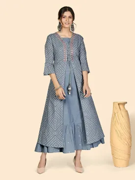 Women'S Bandhi & Embroidered Anarkali Cotton Grey Stitched Kurta With Shrug