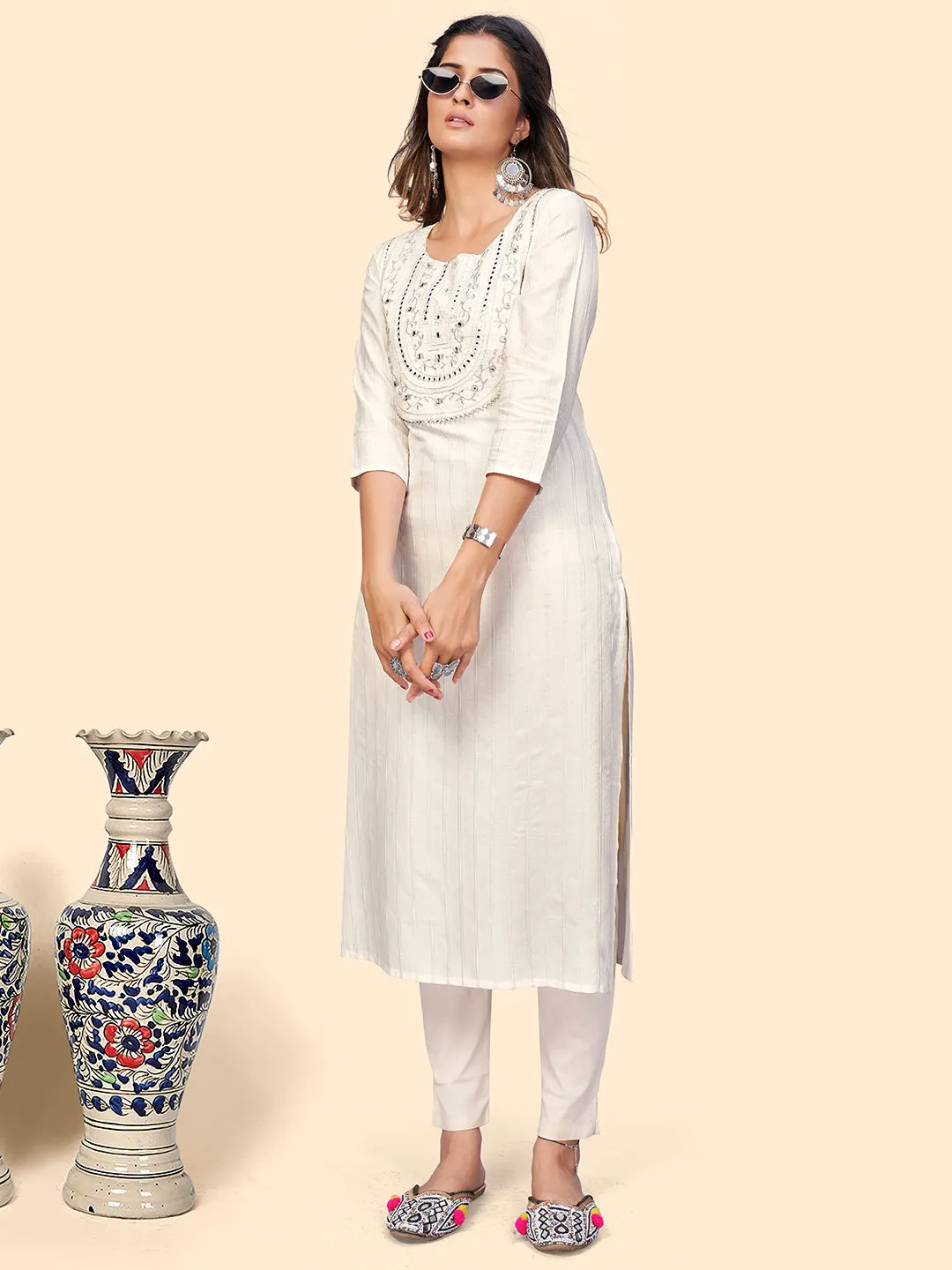 Women'S Embroidered & Mirror Straight Fancy Rayon White Stitched Kurta