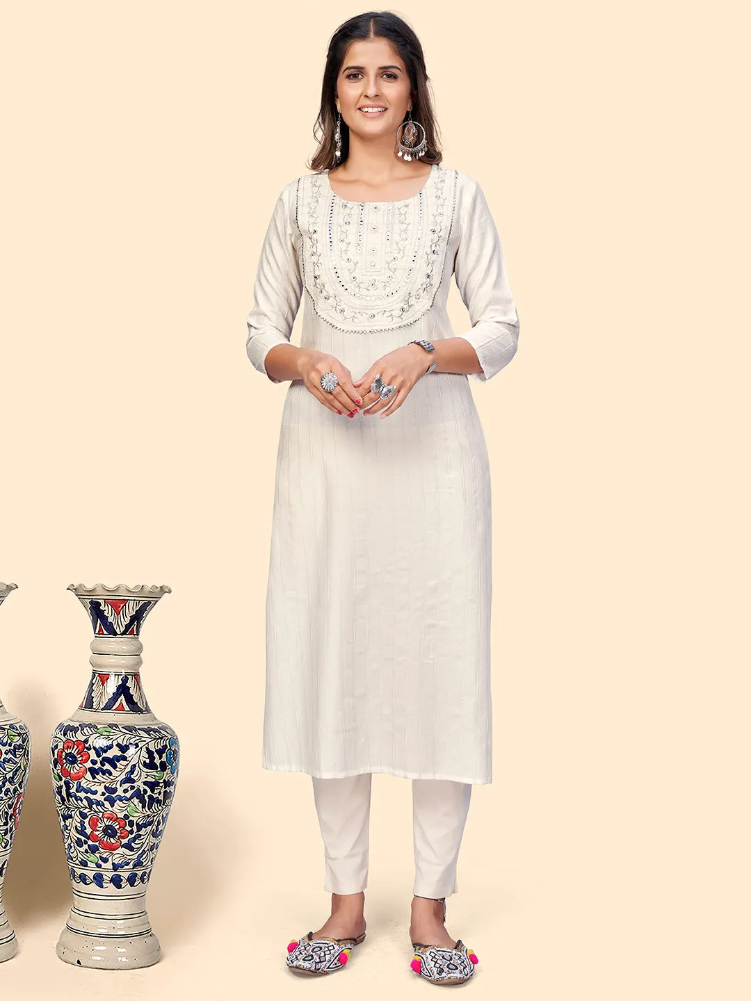 Women'S Embroidered & Mirror Straight Fancy Rayon White Stitched Kurta