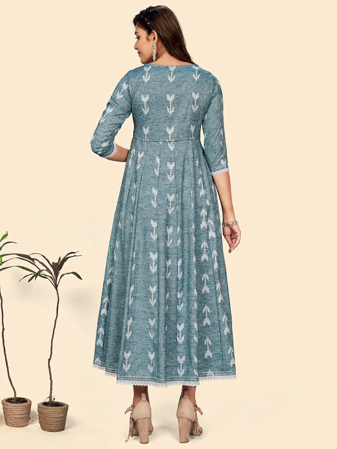 Women'S Embroidered Anarkali Cotton Blend Turquoise Stitched Dress