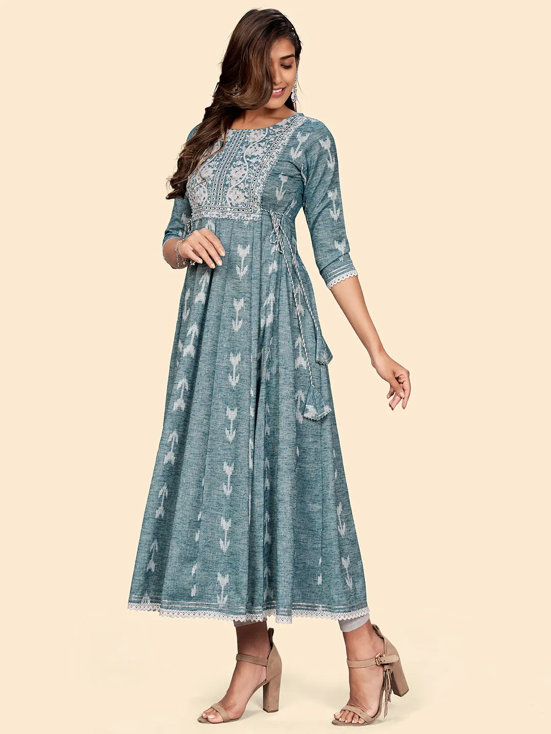 Women'S Embroidered Anarkali Cotton Blend Turquoise Stitched Dress