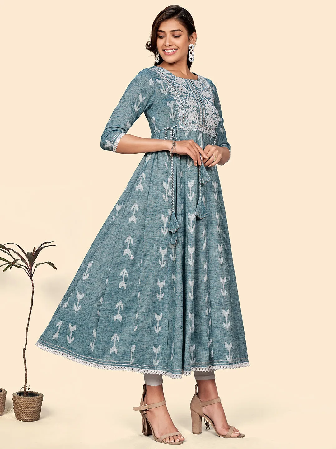 Women'S Embroidered Anarkali Cotton Blend Turquoise Stitched Dress