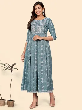 Women'S Embroidered Anarkali Cotton Blend Turquoise Stitched Dress