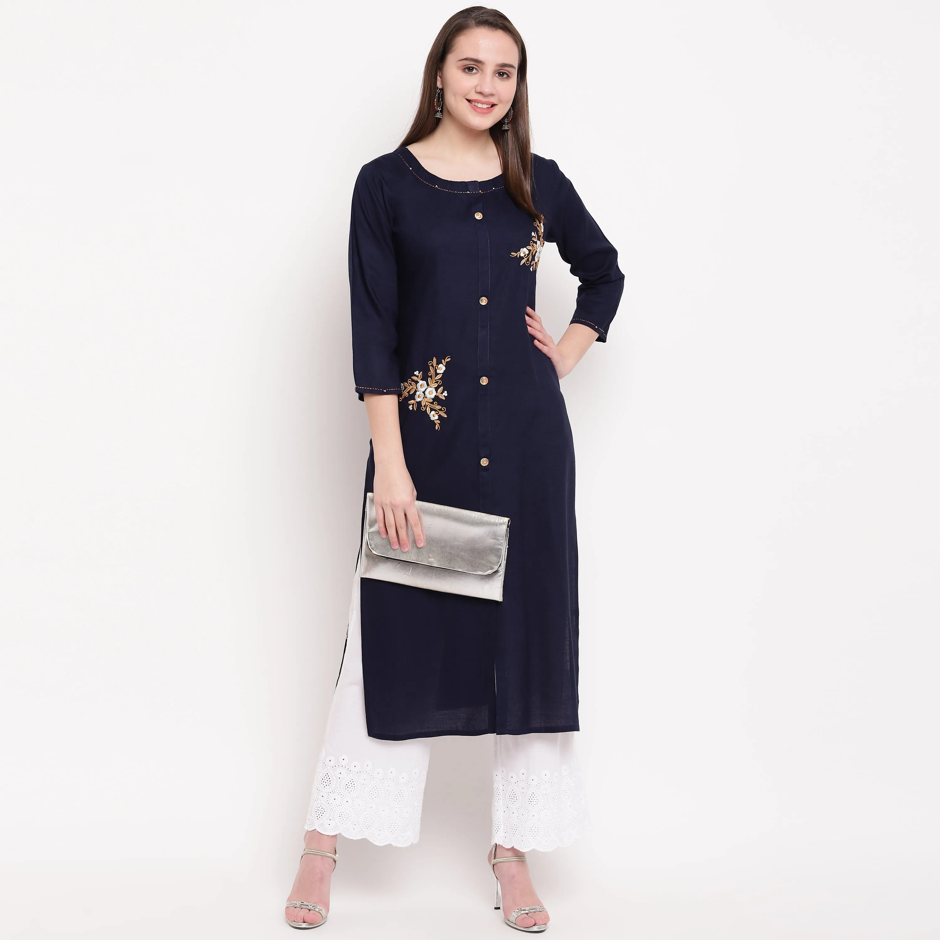 Women'S Embroidered/Solid Straight Rayon Blue Kurta (1Pc)