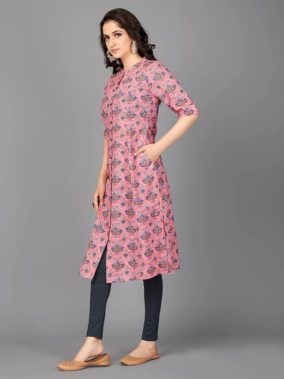 Women'S Floral Print A-Line Cotton Pink Stitched Kurta With Multiple Slit