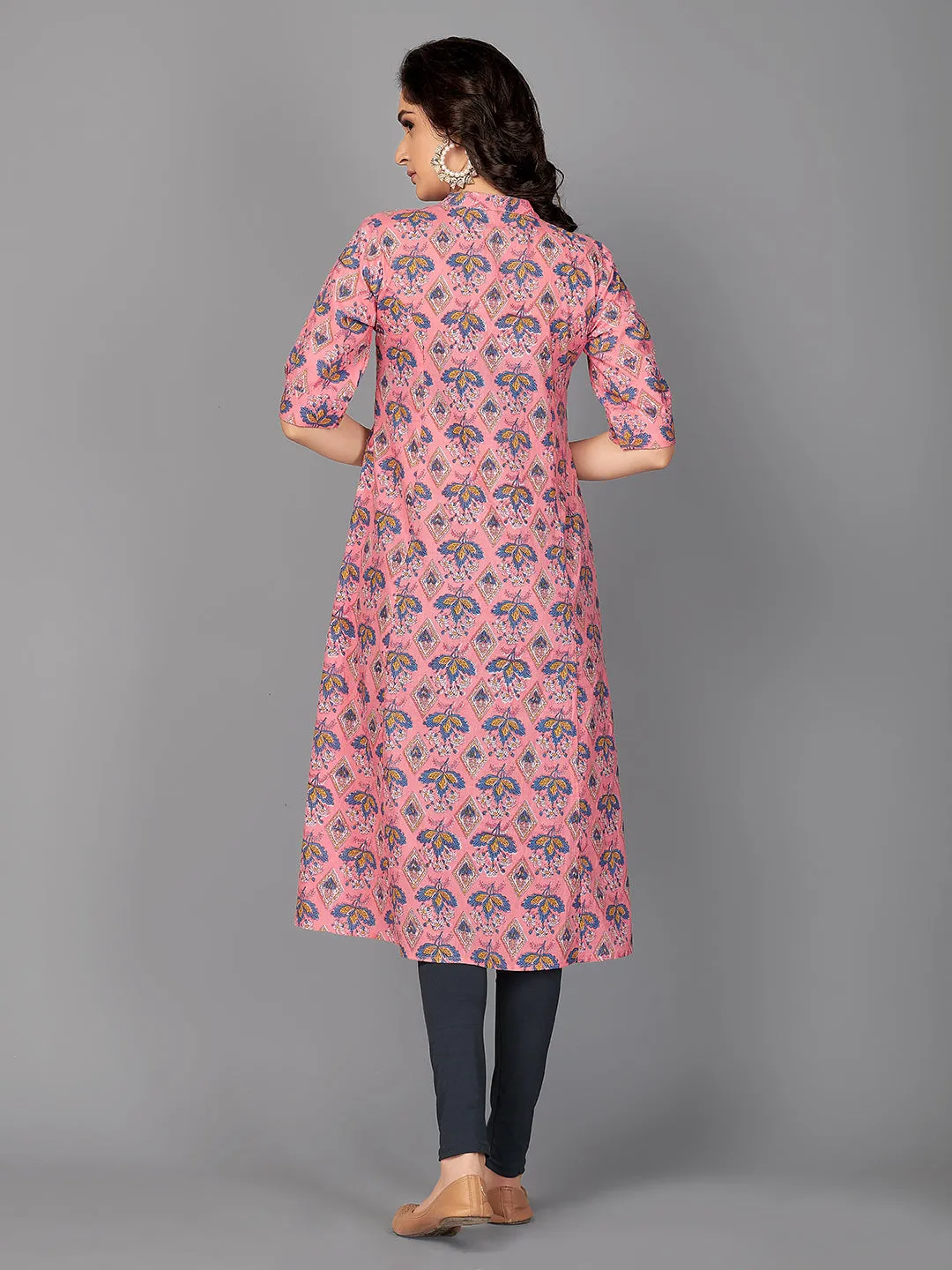 Women'S Floral Print A-Line Cotton Pink Stitched Kurta With Multiple Slit