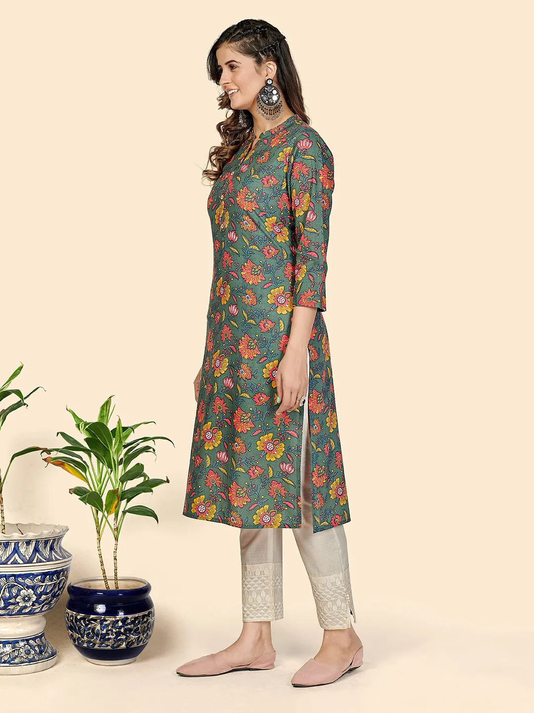 Women'S Floral Print Straight Cotton Olive Green Stitched Kurta