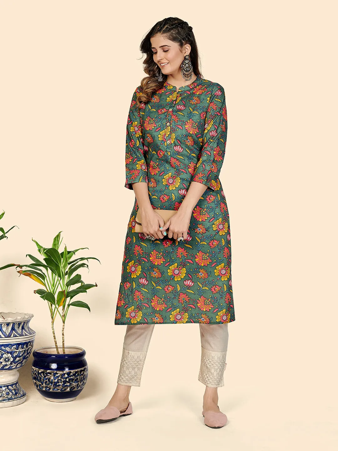 Women'S Floral Print Straight Cotton Olive Green Stitched Kurta