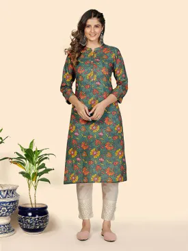 Women'S Floral Print Straight Cotton Olive Green Stitched Kurta