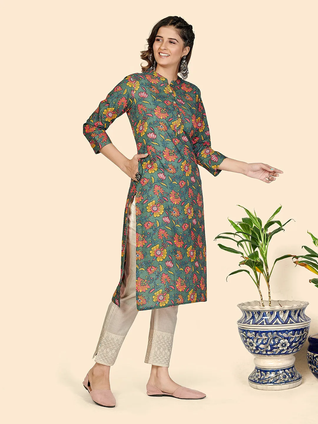 Women'S Floral Print Straight Cotton Olive Green Stitched Kurta