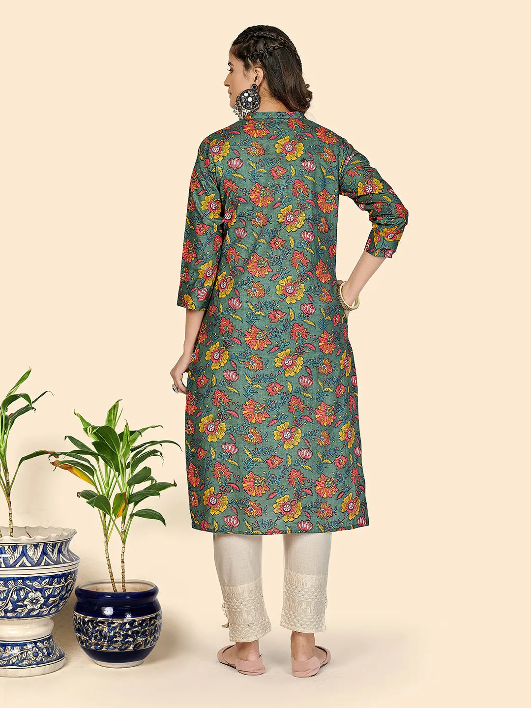 Women'S Floral Print Straight Cotton Olive Green Stitched Kurta