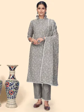 Women'S Print & Embroidered Straight Cotton Grey Stitched Kurta Pant With Dupatta