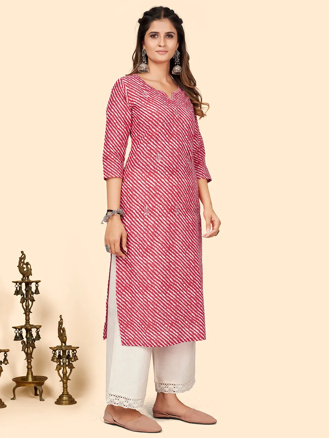 Women'S Print & Embroidered Straight Cotton Red Stitched Kurta