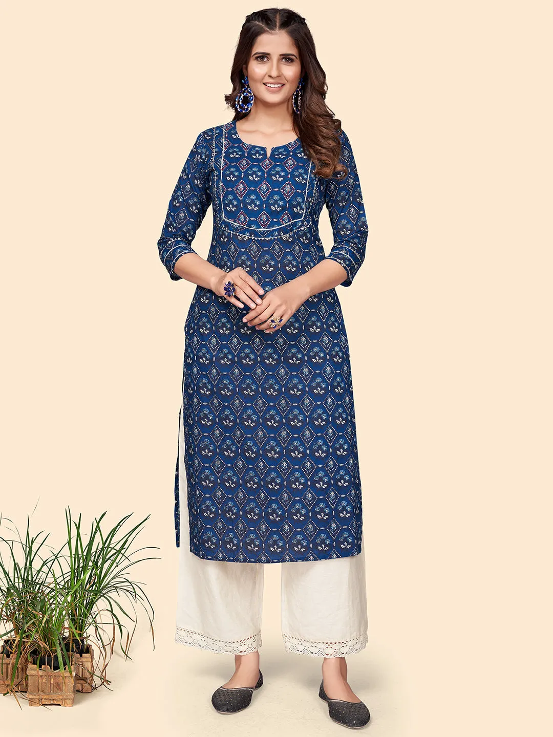 Women'S Print & Hand Work Straight Cotton Blue Stitched Kurta