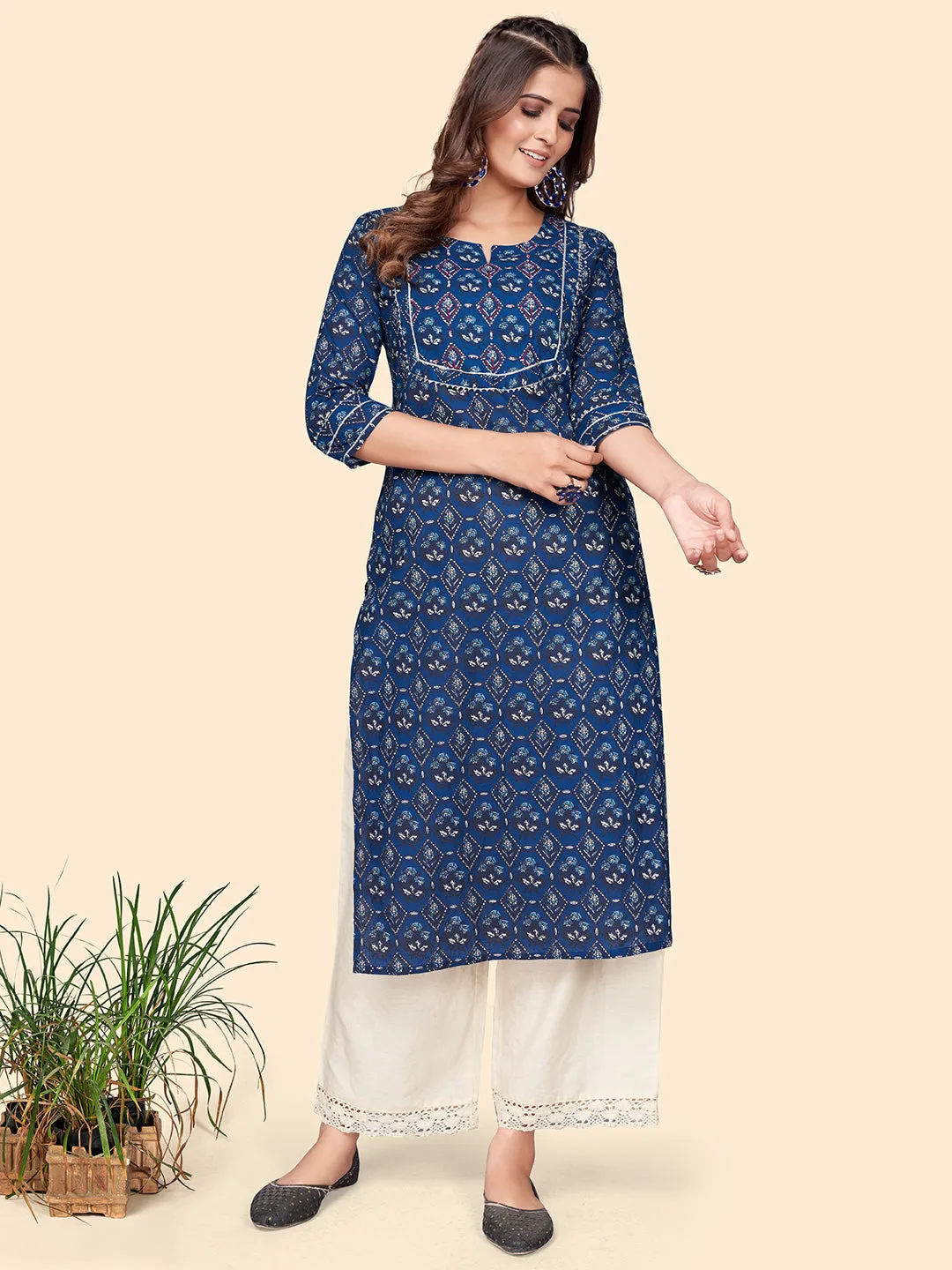 Women'S Print & Hand Work Straight Cotton Blue Stitched Kurta