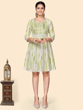 Women'S Print & Sequience Flared Cotton Green Stitched Dress