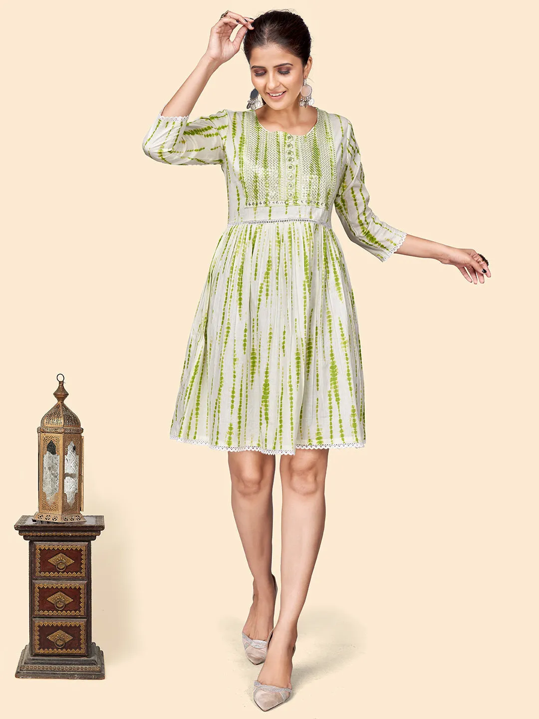 Women'S Print & Sequience Flared Cotton Green Stitched Dress