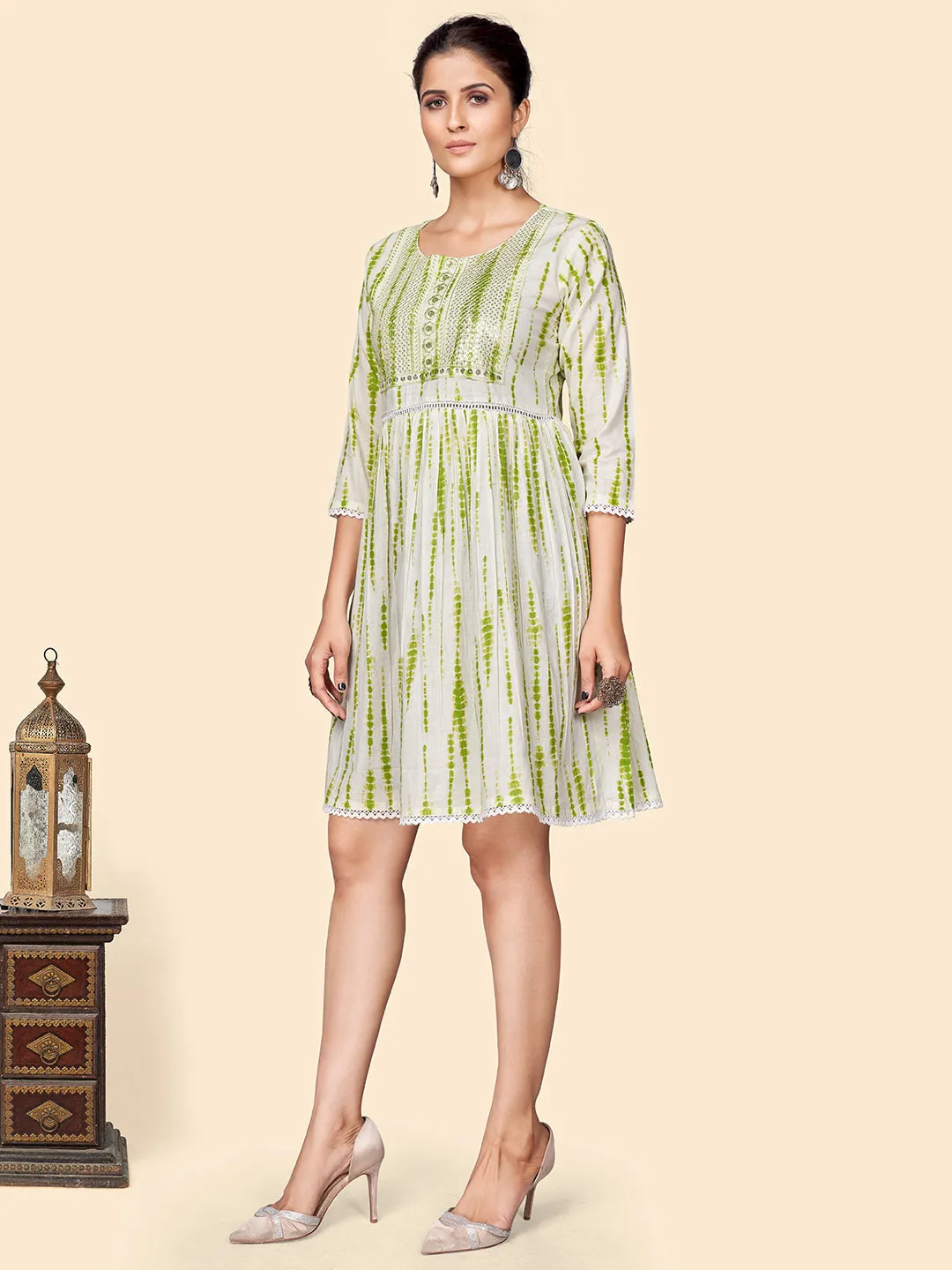 Women'S Print & Sequience Flared Cotton Green Stitched Dress