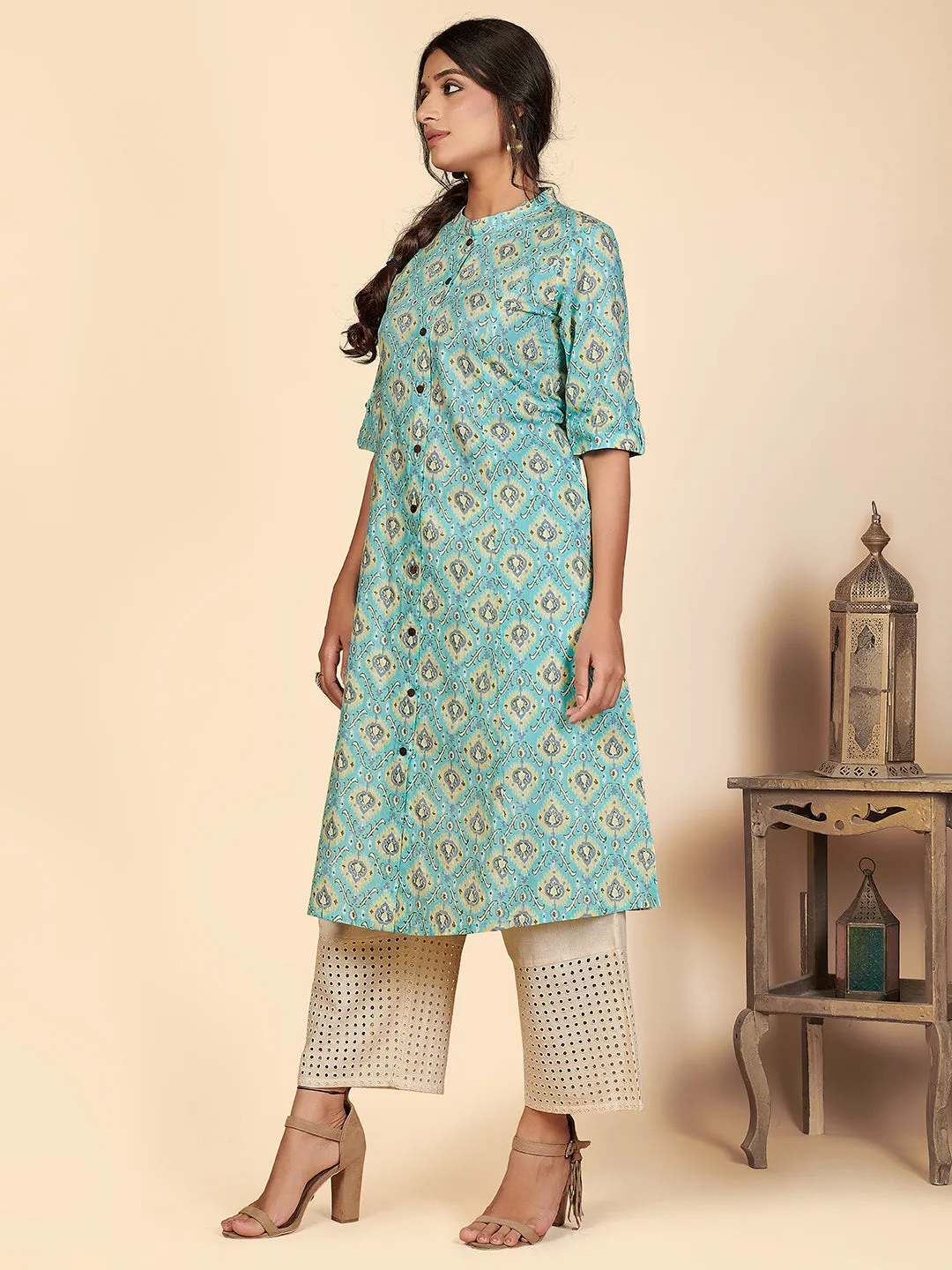 Women'S Printed A-Line Cotton Sky Blue Stitched Kurta With Multiple Slit