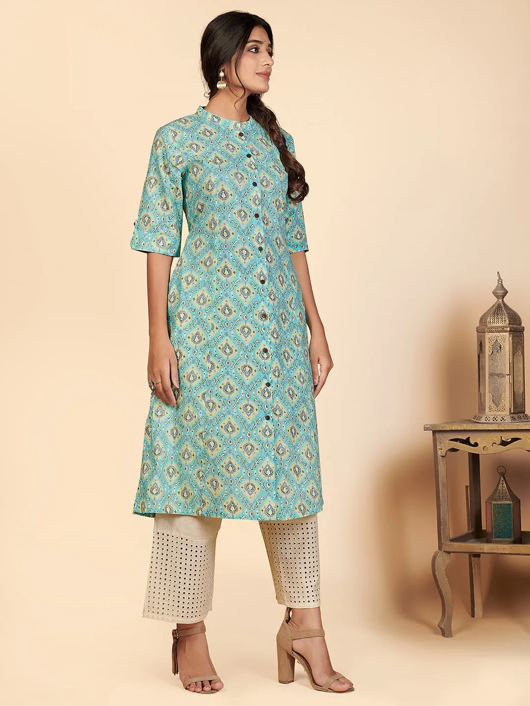 Women'S Printed A-Line Cotton Sky Blue Stitched Kurta With Multiple Slit