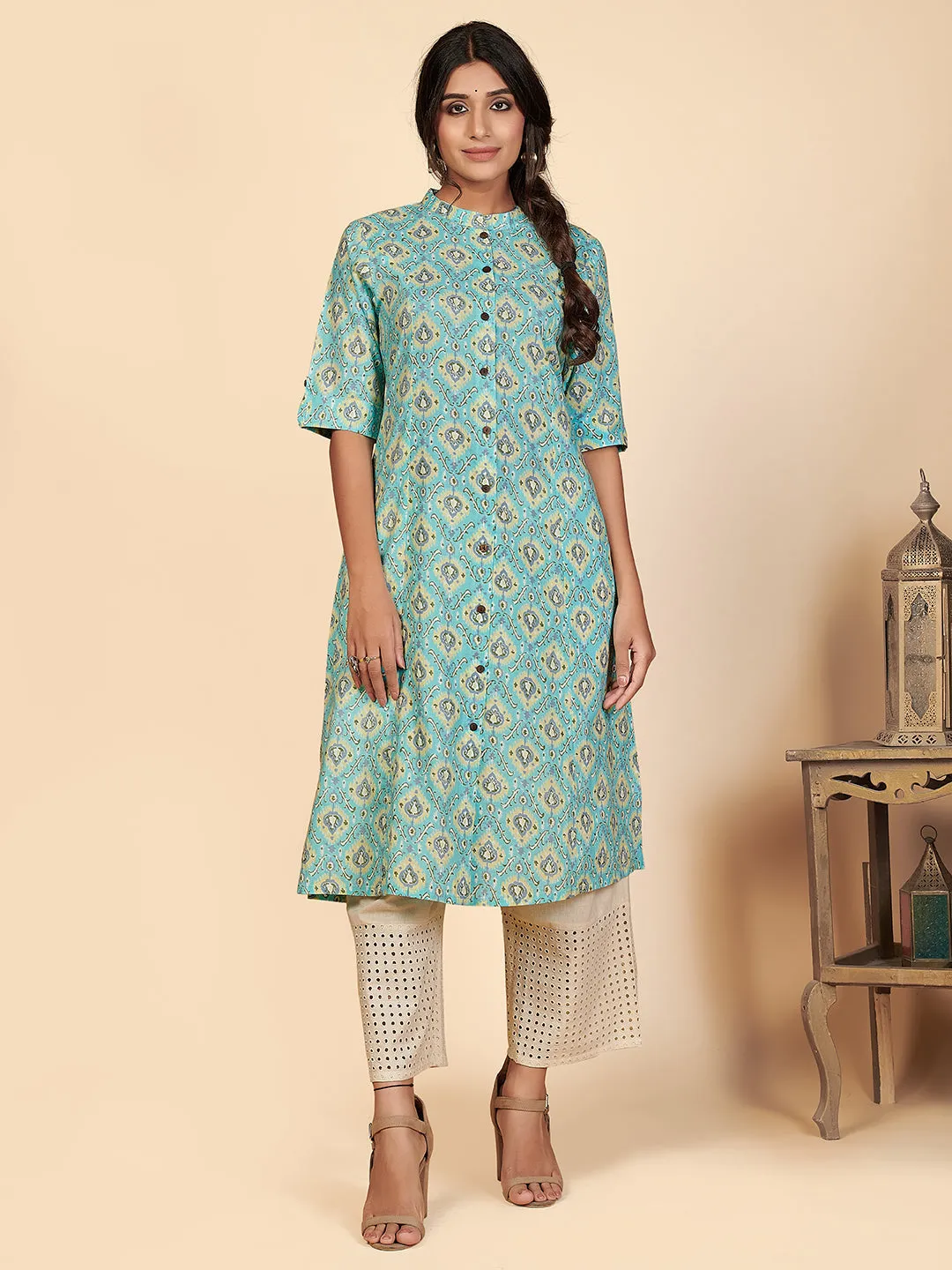 Women'S Printed A-Line Cotton Sky Blue Stitched Kurta With Multiple Slit