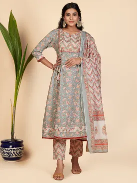 Women'S Printed & Embroidered Anarkali Cotton Grey Stitched Kurta Pant With Dupatta