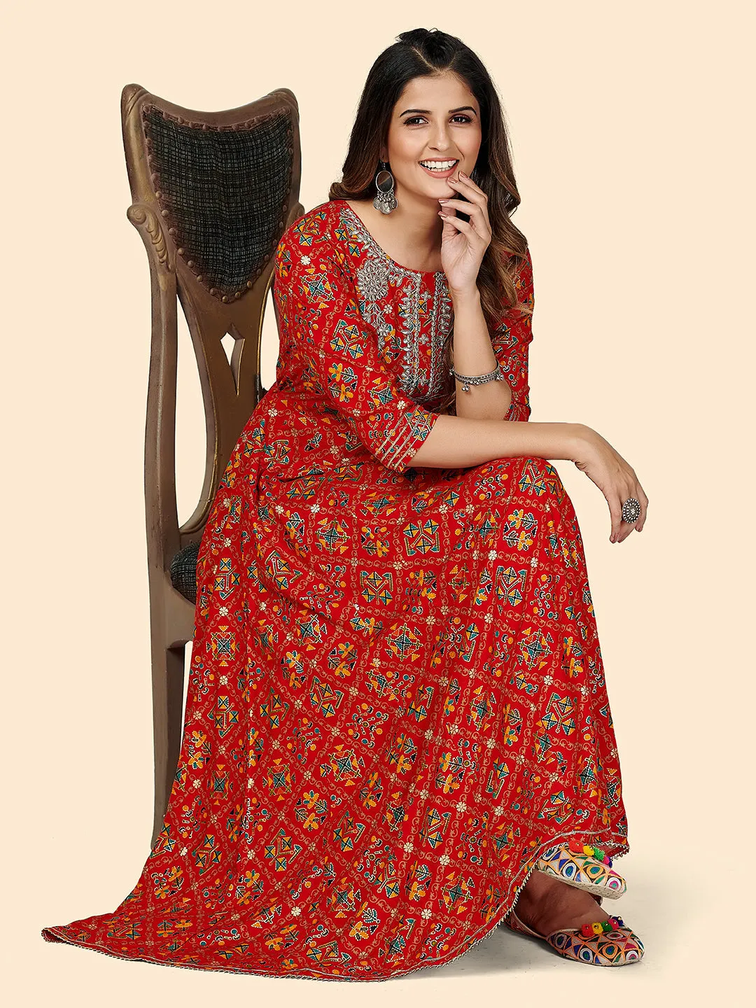 Women'S Printed & Embroidered Anarkali Rayon Red Stitched Kurta